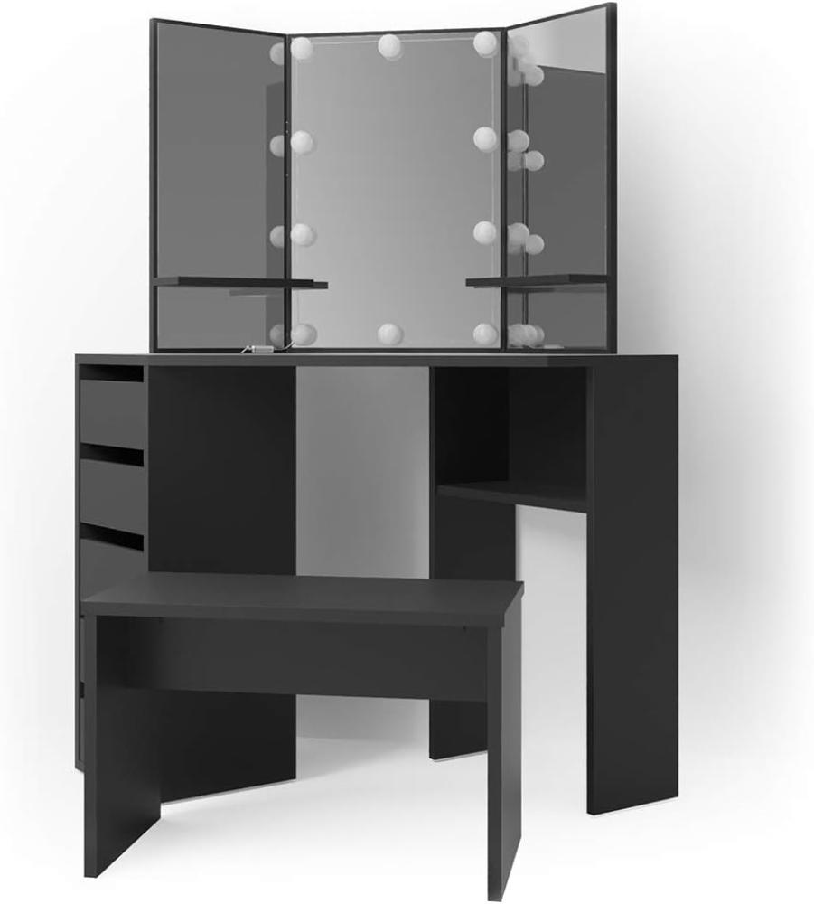 Vicco 'Arielle' Eckschminktisch, Schwarz mit Sitzbank und LED-Lichterkette Bild 1