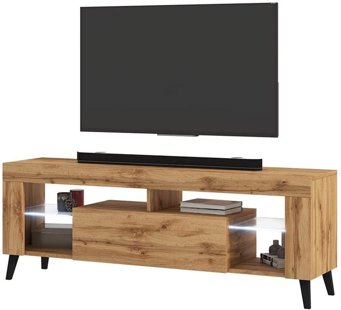 Selsey HugoB – TV-Lowboard, modernes TV-Sideboard mit Füßen und Glaseinlegeböden, 140 cm (Lancaster Eiche Matt, mit LED) Bild 1