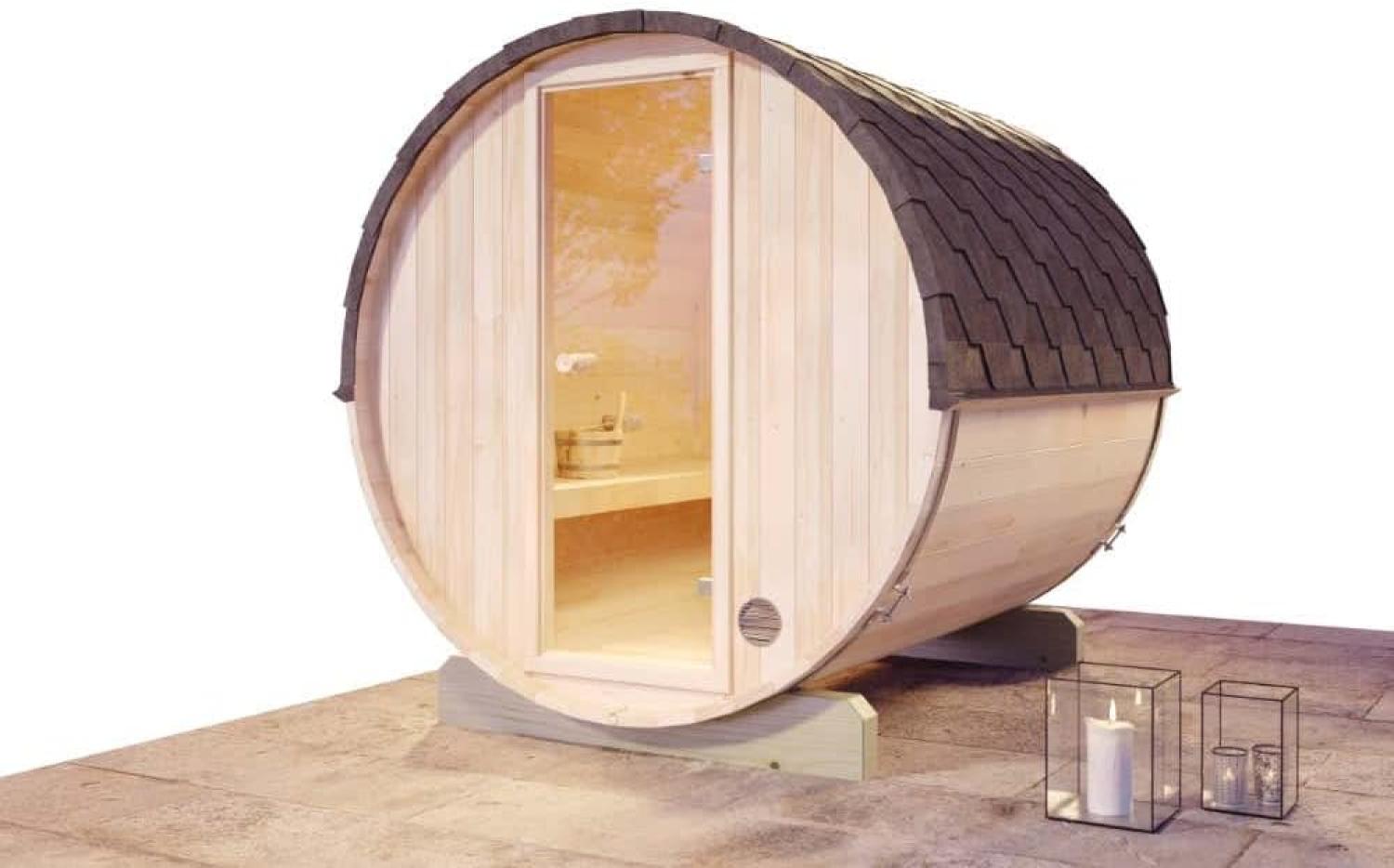 FinnTherm Fass-Sauna Mini S Fasssauna 2 Sitzbänke aus Holz Sauna mit 42 mm Wandstärke Außensauna mit Montagematerial Bild 1