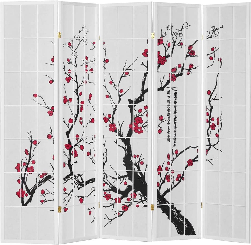 Paravent Raumteiler 5 teilig, Holz Reispapier Weiß, Kirschmuster, Höhe 179 cm Bild 1