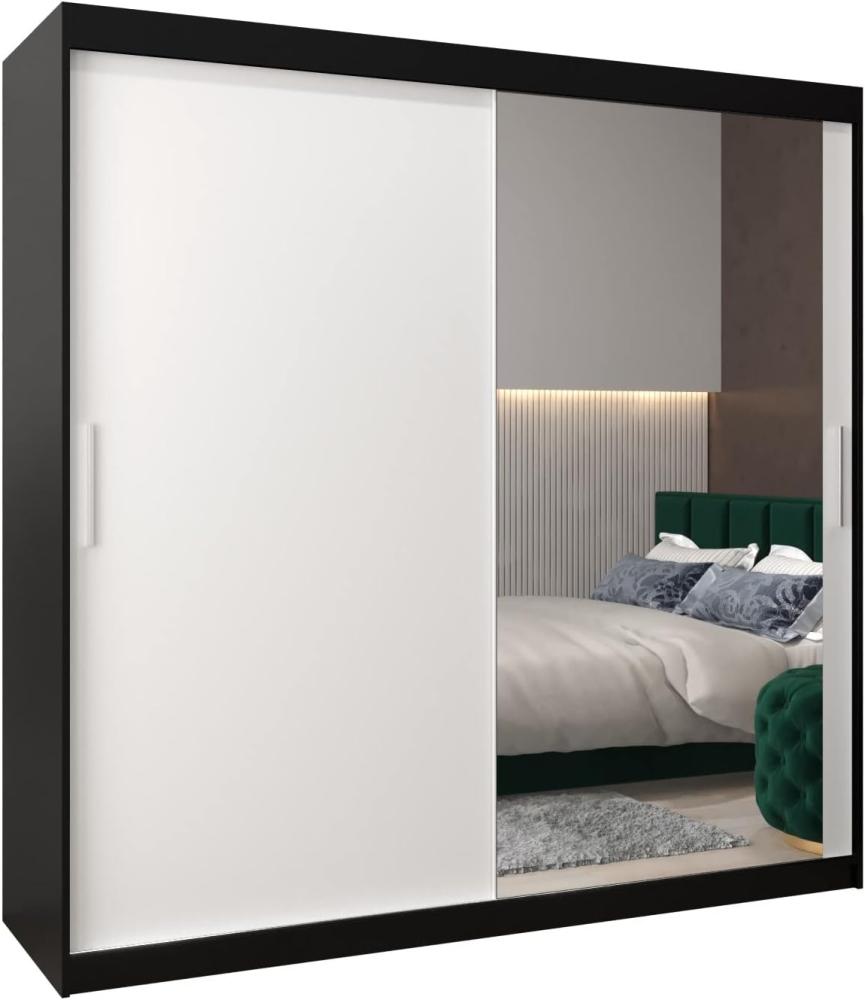 Schwebetürenschrank Tokyo 2-200 cm mit Spiegel Kleiderschrank mit Kleiderstange und Einlegeboden Schlafzimmer- Wohnzimmerschrank Schiebetüren Modern Design (Schwarz + Weiß) Bild 1