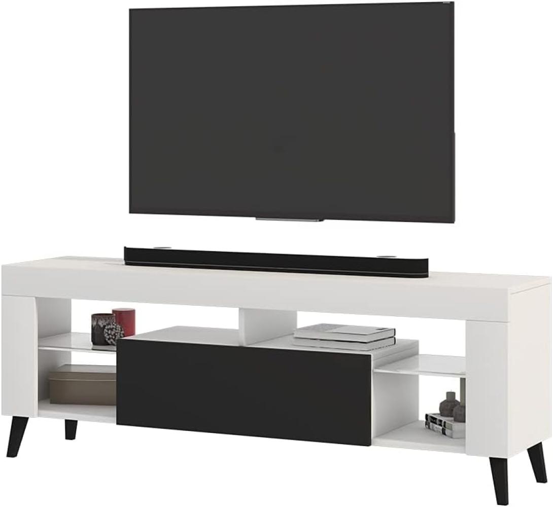 Selsey HugoB – TV-Lowboard, modernes TV-Sideboard mit Füßen und Glaseinlegeböden, 140 cm (Weiß Matt / Schwarz Glanz, ohne LED) Bild 1