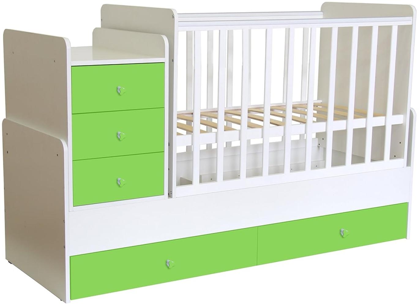 Polini Kids 'Simple 1100' Kombi-Kinderbett 60 x 120/170 cm, weiß/grün, höhenverstellbar, mit Schaukelfunktion, inkl. Kommode Bild 1