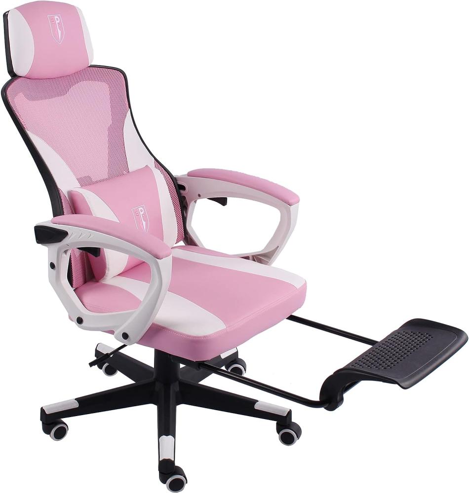 Gaming Stuhl im modernen Racing-Design mit einklappbarer Fußstütze - Gaming Chair mit flexiblen Armlehnen - ergonomischer Gaming Schreibtischstuhl mit extra Stützkissen Schwarz/Rosa Bild 1