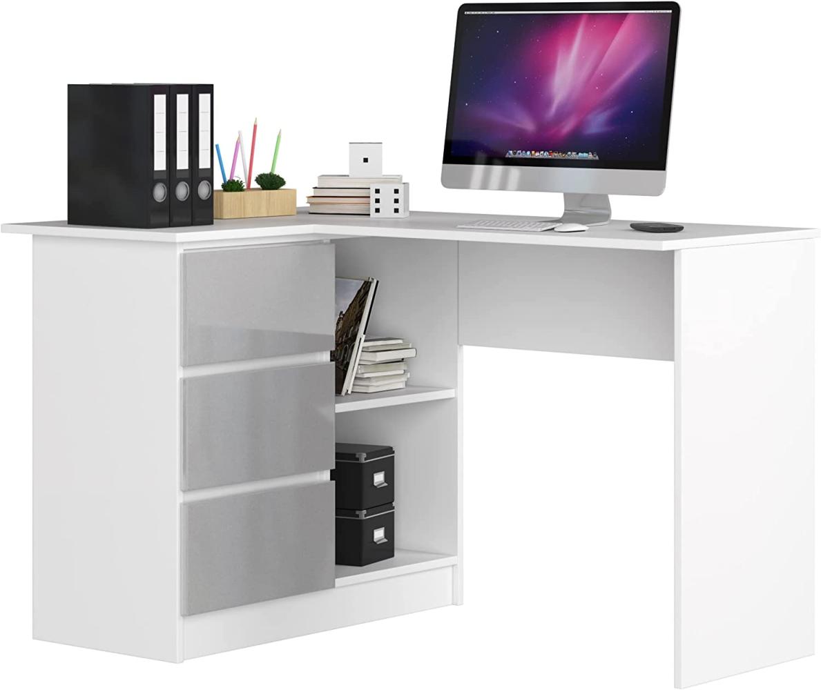 Eck-Schreibtisch B-16 mit 3 Schubladen und 2 Ablagen | Schreibtisch | ecktisch | Eck Schreibtisch für Home Office | Einfache Montage | B124 x H77 x T85, 48 kg Weiß/Metallic-Glanz Bild 1