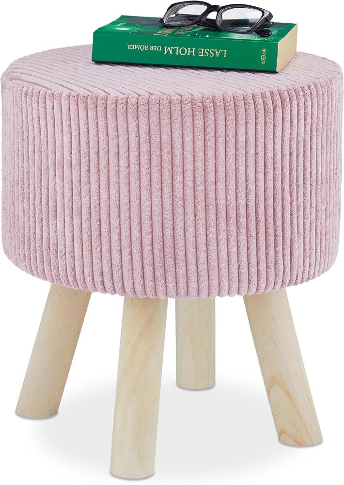 Relaxdays Samthocker, rund, kleiner Fußhocker, gepolstert, 4 Holzbeine, Kordsamt, Sitzhocker, H x D: 41 x 37 cm, rosa Bild 1