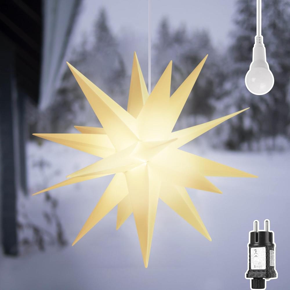 SALCAR 3D LED Leuchtstern Garten, 60cm XXL Weihnachtsstern Fenster Deko zum Aufhängen, Weiß LED Adventsstern inkl. warm LED Beleuchtung, LED Stern Beleuchtet Bild 1