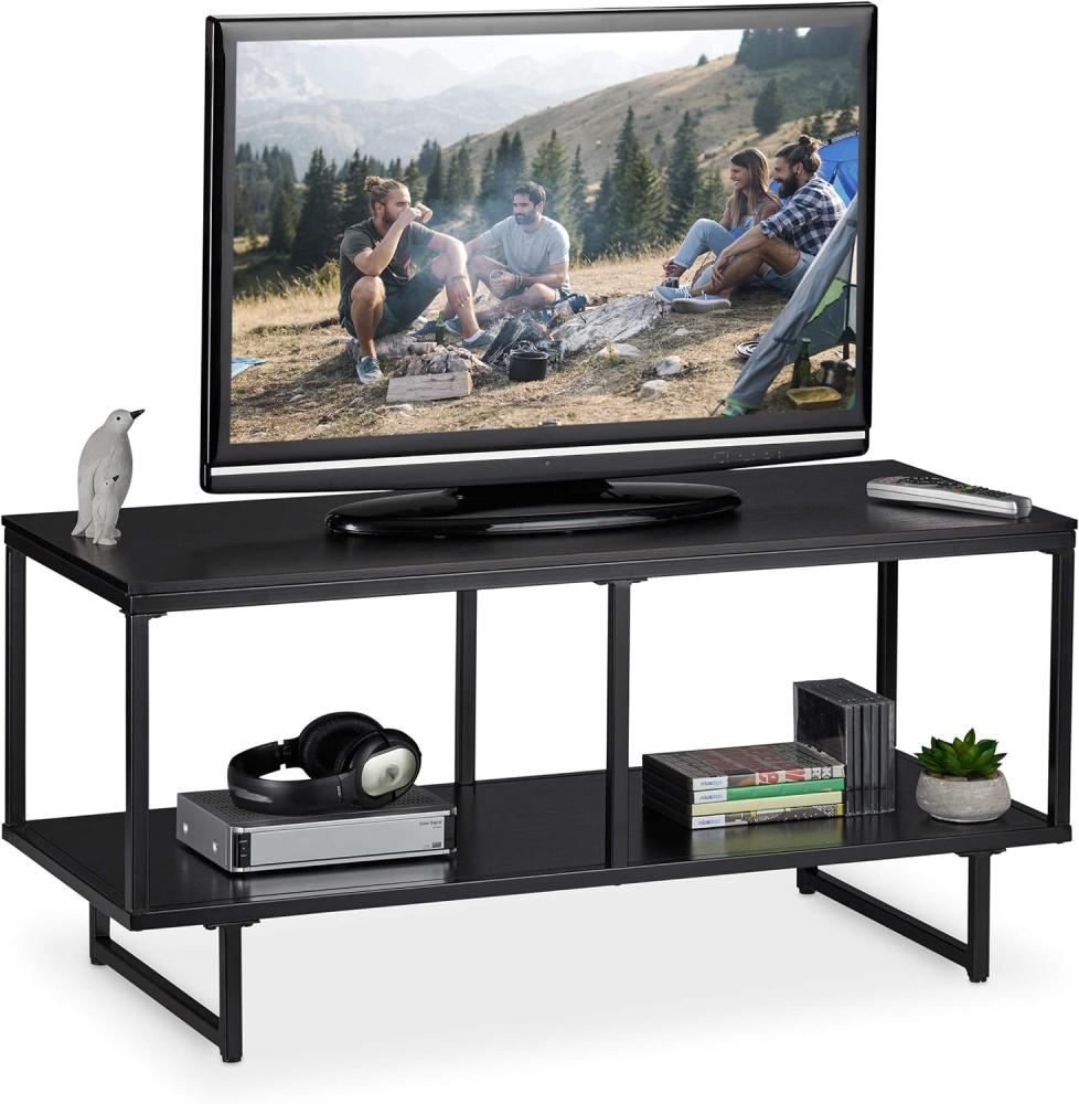 Relaxdays TV Lowboard MDF, 2 große Ablagen, extra Stauraum, Fernsehtisch modern, HxBxT: 50,5 x 110,5 x 45,5 cm, schwarz, Metall Bild 1