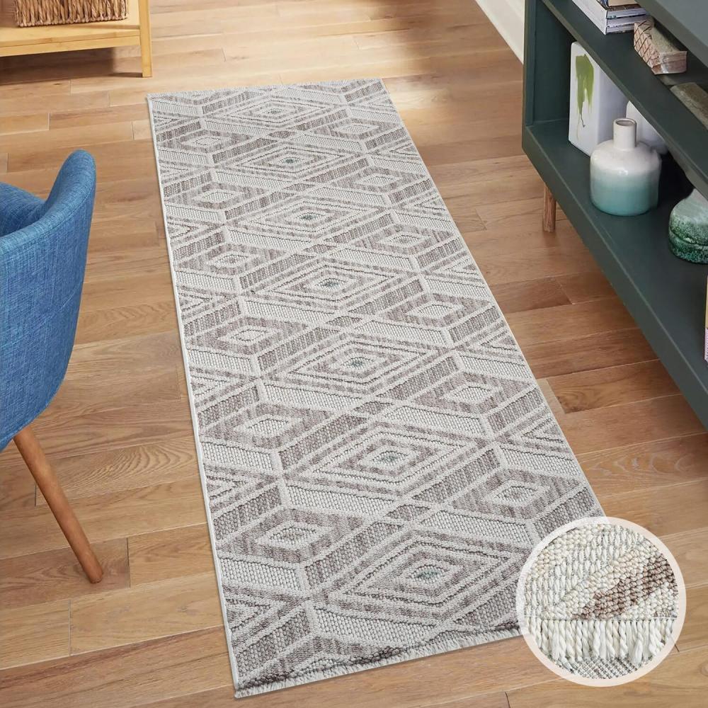 carpet city Teppich-Läufer Kurzflor Flur - Beige, Grün - 80x300 cm - Teppiche Fransen Boho-Style - Rauten-Muster - Schlafzimmer, Wohnzimmer Bild 1