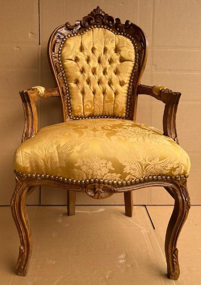Casa Padrino Barock Esszimmer Stuhl mit Armlehnen Gold / Braun - Handgefertigter Antik Stil Massivholz Stuhl mit elegantem Muster - Esszimmer Möbel im Barockstil - Barock Möbel Bild 1