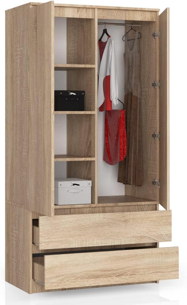 BDW Kleiderschrank 2 Türen, 4 Einlegeböden, Kleiderbügel, 2 Schubladen Kleiderschrank für das Schlafzimmer Wohnzimmer Diele 180x90x51cm (Eiche Sonoma) Bild 1