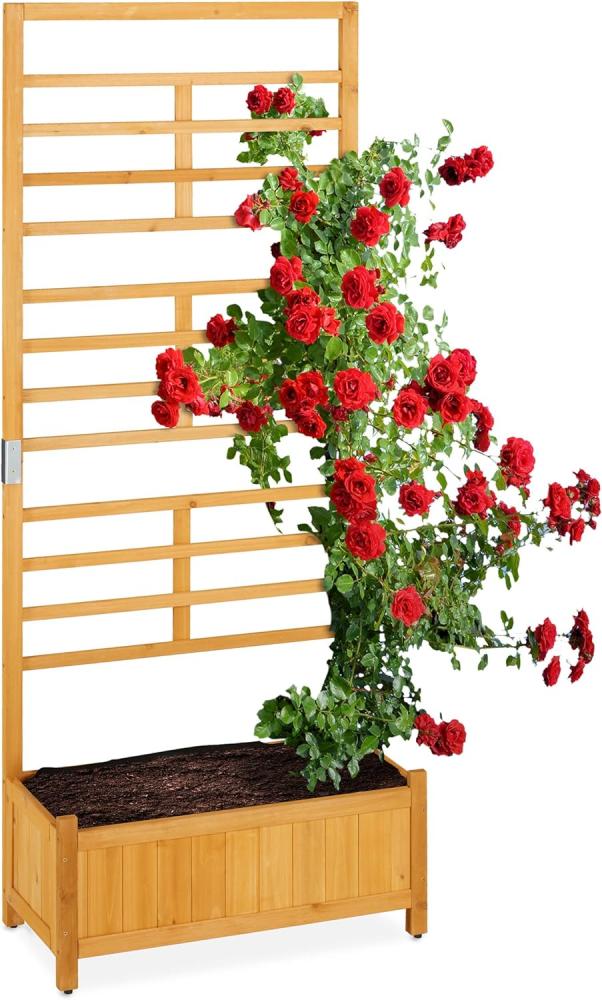 Relaxdays Rankgitter mit Pflanzkasten, hoch, rechteckiger Holz Blumenkasten mit Rankhilfe, HBT 171 x 71 x 31,5 cm, Natur Bild 1