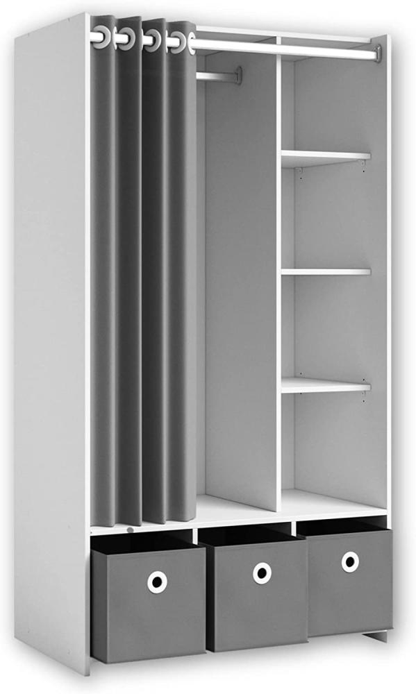 Stella Trading JENKE Kleiderschrank Weiß mit 3 Aufbewahrungsboxen & Stoffvorhang - Vielseitiger Allzweckschrank mit cleverer Inneneinteilung - 100 x 180 x 50 cm (B/H/T) Bild 1