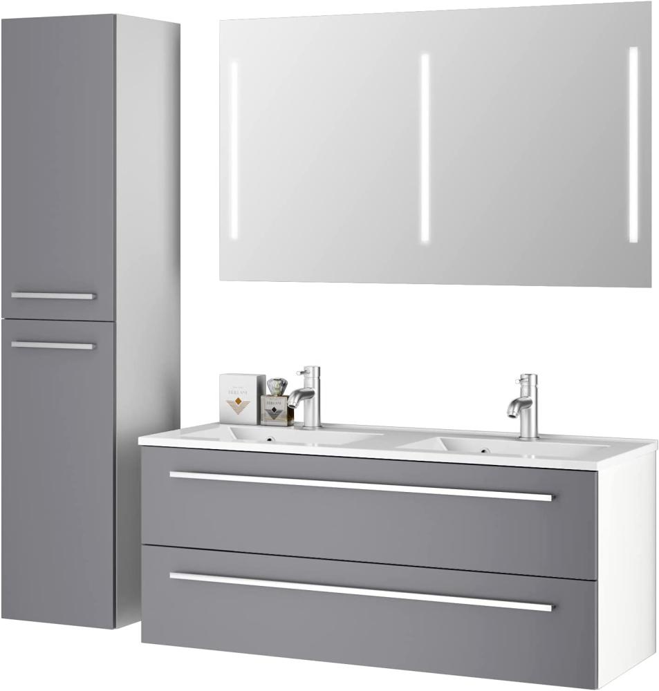 Sieper I Badmöbel Set Libato, Doppelwaschtisch mit Unterschrank 120 x 50 cm, Hochschrank und Badspiegel I Arktisgrau Bild 1
