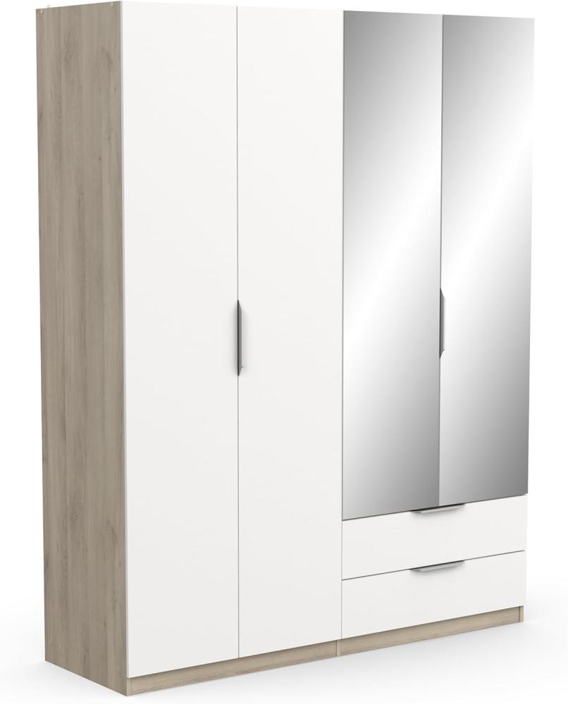 Demeyere Moderner Spiegel & Kleiderschrank, 4 Türen, 5 Einlegeböden, 2 Schubladen, Farbe: Eiche Kronberg & Mattes Weiß, 157,3 x 51,1 x 203 cm, Holzwerkstoff Bild 1