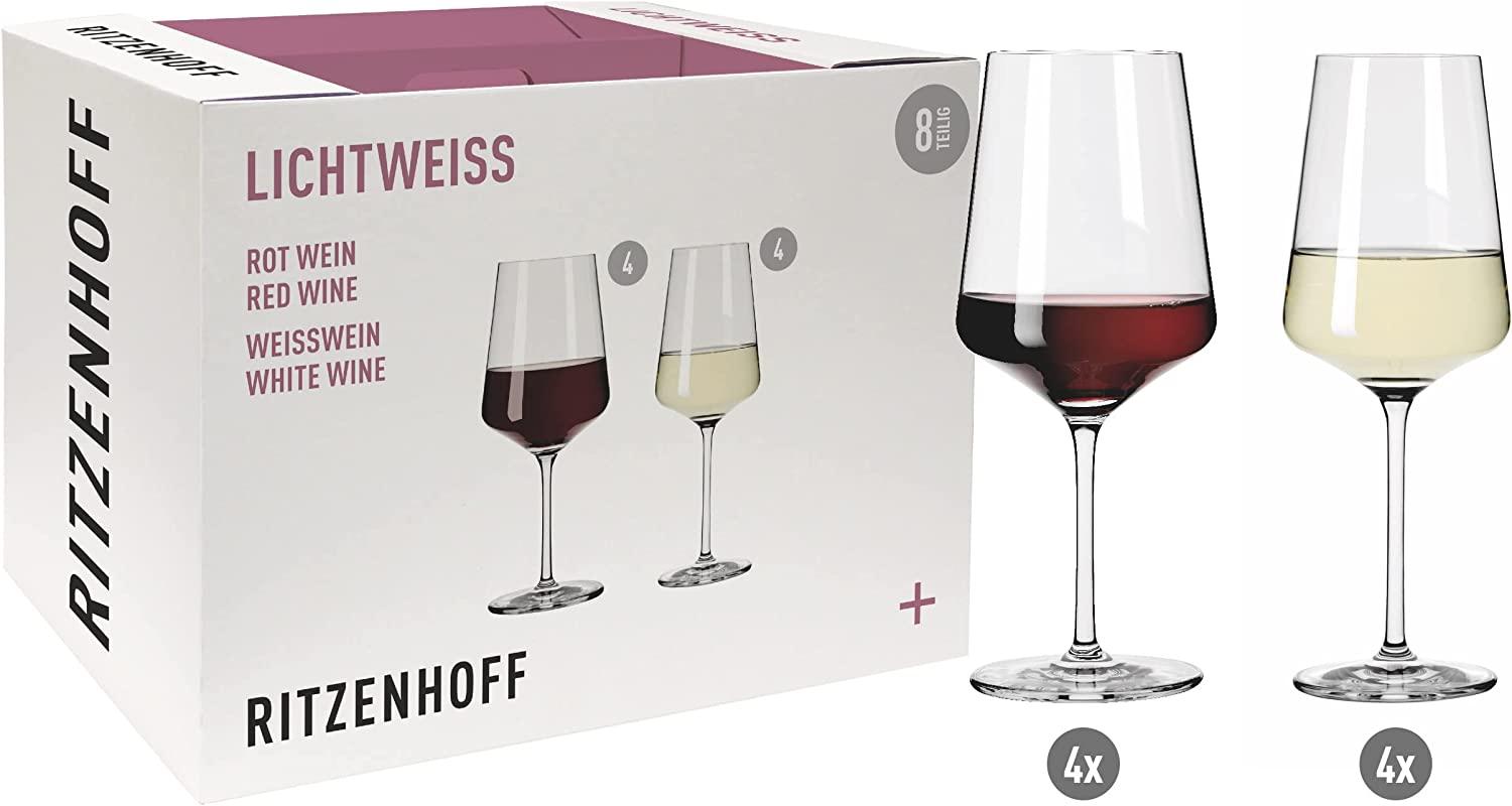 Ritzenhoff Gläserset Lichtweiß 8-teilig Julie Weiß-Rot, 4 Rotweingläser und 4 Weißweingläser, Kristallglas, Transparent, 6111003 Bild 1