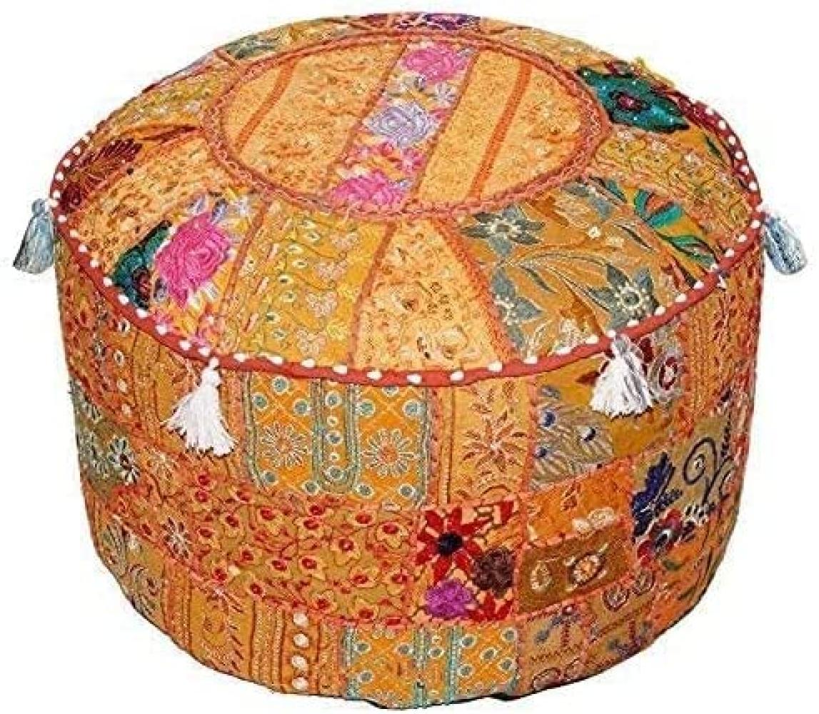 Aakriti Indian Pouf Fußhocker mit Stickerei Pouf, indische Baumwolle, Pouffe osmanischen Pouf Cover mit ethnischem Dekor Kunst - Cover (Orange, 46x33 cms) Bild 1