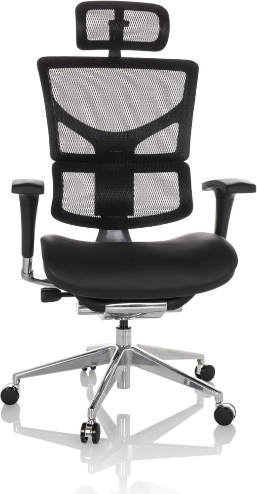 hjh OFFICE Profi Bürostuhl ERGO-U2 LM Leder Drehstuhl ergonomisch, Flexible Lendenwirbelstütze, Rückenlehne höhenverstellbar, Netzrücken Schwarz 651102 Bild 1