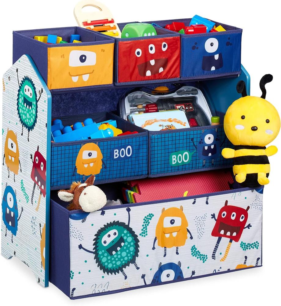 Relaxdays Kinderregal mit 6 Stoffboxen, Monster Design, HxBxT: 66 x 63,5 x 30 cm, Spielzeugregal fürs Kinderzimmer, bunt Bild 1