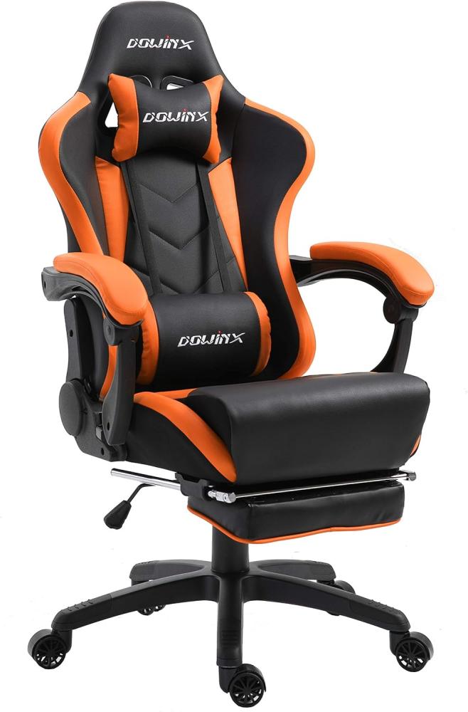 Dowinx Gaming Stuhl Ergonomischer Gamer Stuhl mit Massage Lendenwirbelstütze, PC Bürostuhl Rückenlehne Verstellbarer Drehsessel mit Fußstütze (Schwarz&Orange) Bild 1