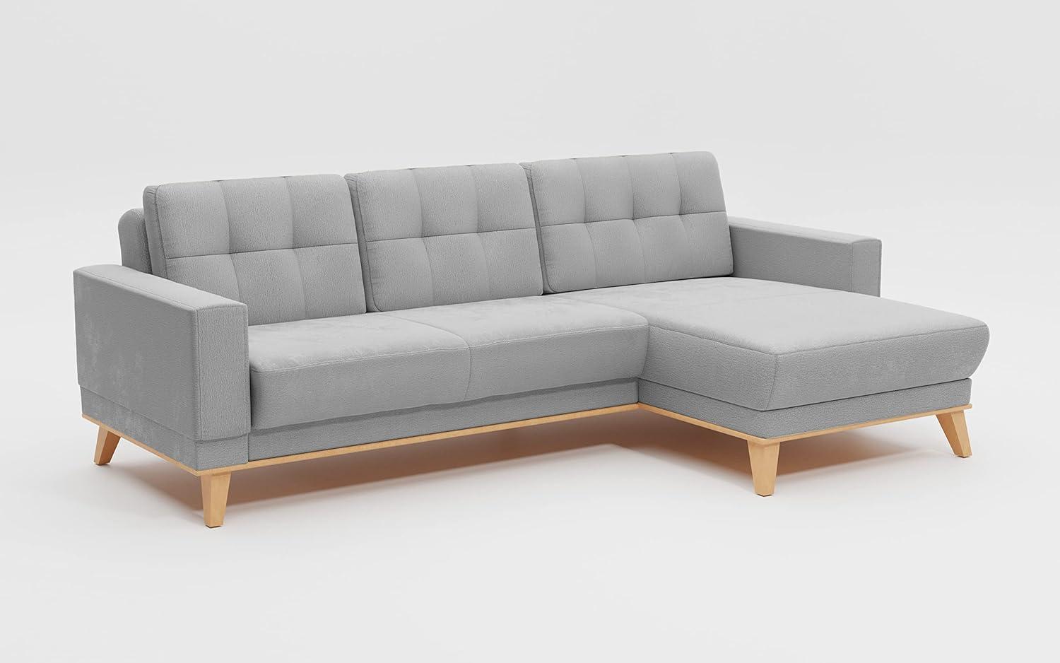CAVADORE Ecksofa Lima mit Longchair / L-Form-Couch mit Schlaffunktion + Bettkasten / Holzrahmen + Steppung im Rücken / Flachgewebe, Hellgrau Bild 1