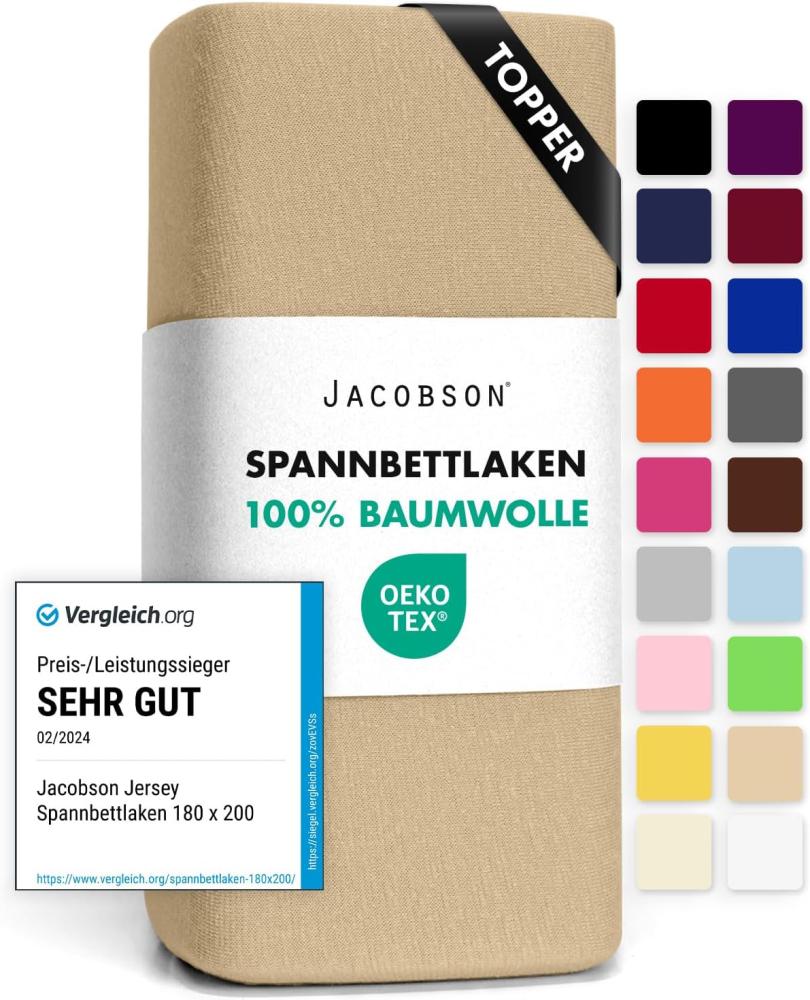 Jacobson Jersey Spannbettlaken Spannbetttuch Baumwolle Bettlaken (Topper 180-200x200 cm, Beige) Bild 1
