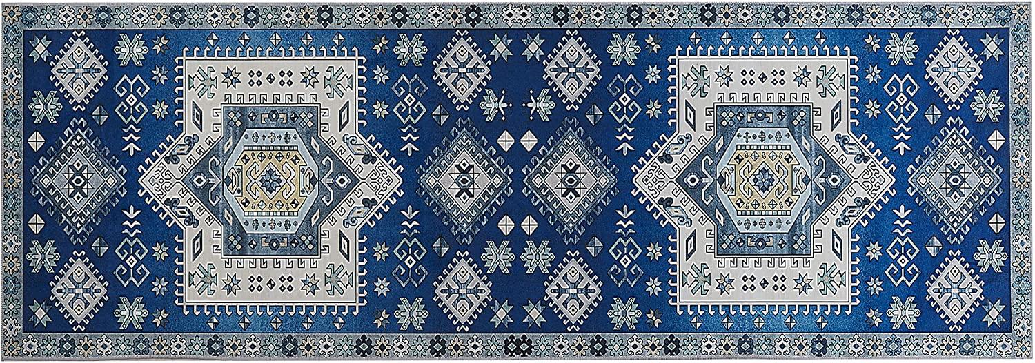 Teppich blau beige orientalisches Muster 80 x 200 cm Kurzflor PARVAKADLI Bild 1
