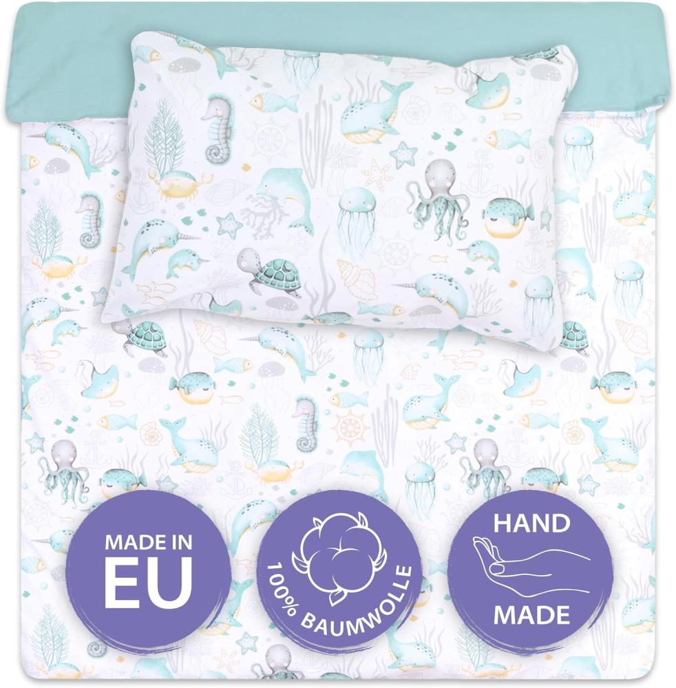 Baby Bettwäsche Set 100 x 135 cm - Kinderbettwäsche Babybettwäsche mit Kissenbezug 60x40 aus Baumwolle Wassertiere mit Salbei Bild 1