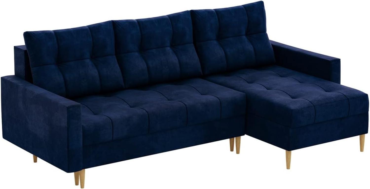 MEBLINI Schlafcouch mit Bettkasten - SCANDO - 220x140x75cm - Blau Samt - Kleines Ecksofa mit Schlaffunktion - Sofa mit Relaxfunktion und Kissen - Kleine Couch L-Form - Eckcouch Bild 1