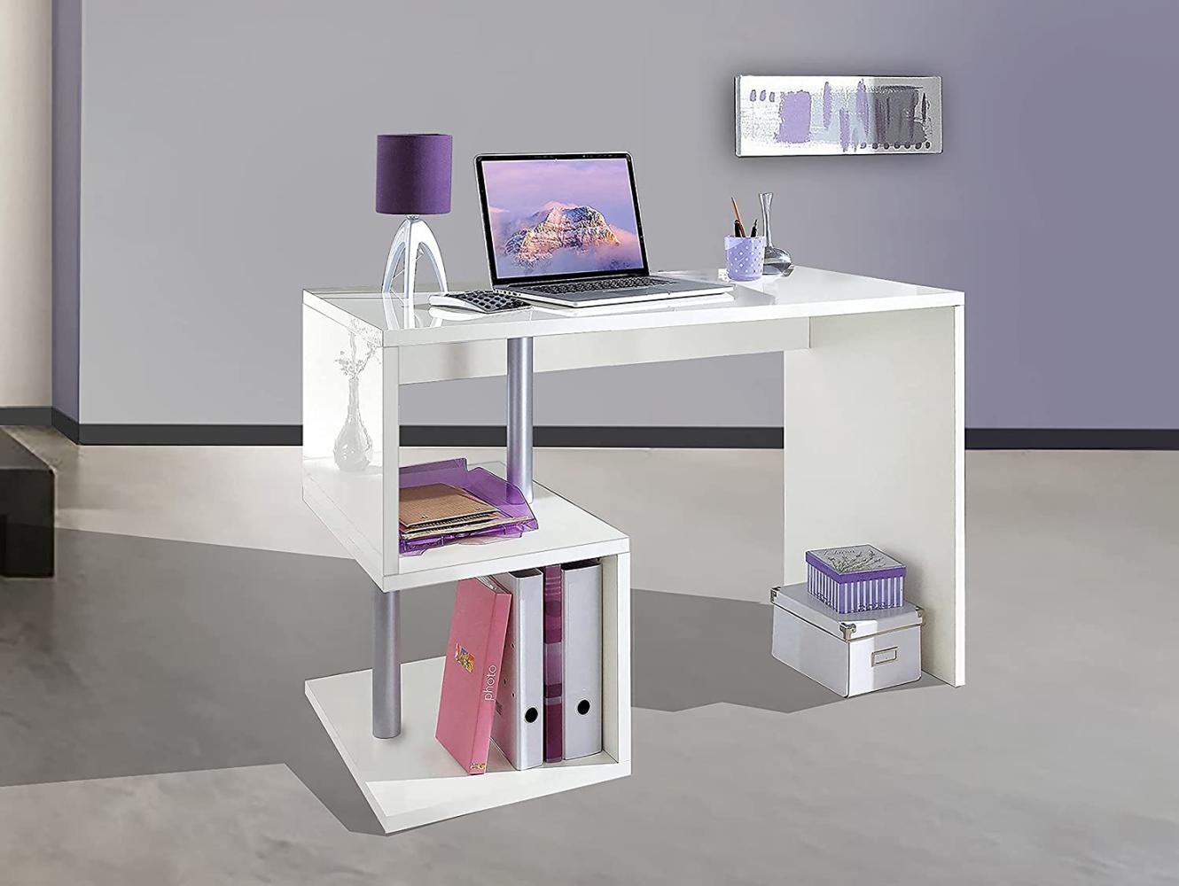 Dmora Esse moderner Schreibtisch für Büro und Arbeitszimmer mit Regal, Made in Italy, Computertisch, PC-Schreibtisch, cm 100x50h78, glänzend weiße Farbe Bild 1