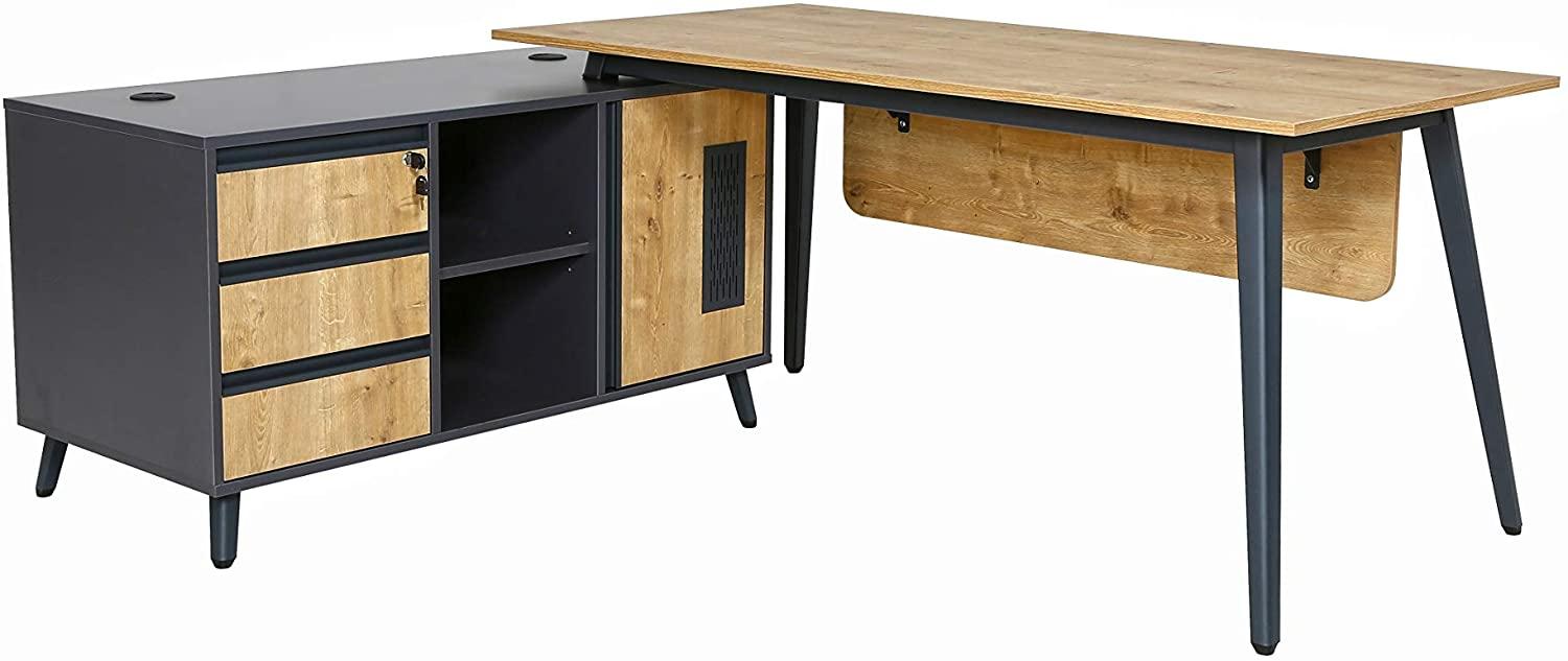 Furni24 Schreibtisch, modernes Design, für Jugendzimmer Büro, große Arbeitsfläche, Tisch mit Schubladen inklusive Caisson, Möbelschrank, Shift HBT: 180 x 80 x 75 cm, Eiche Bild 1