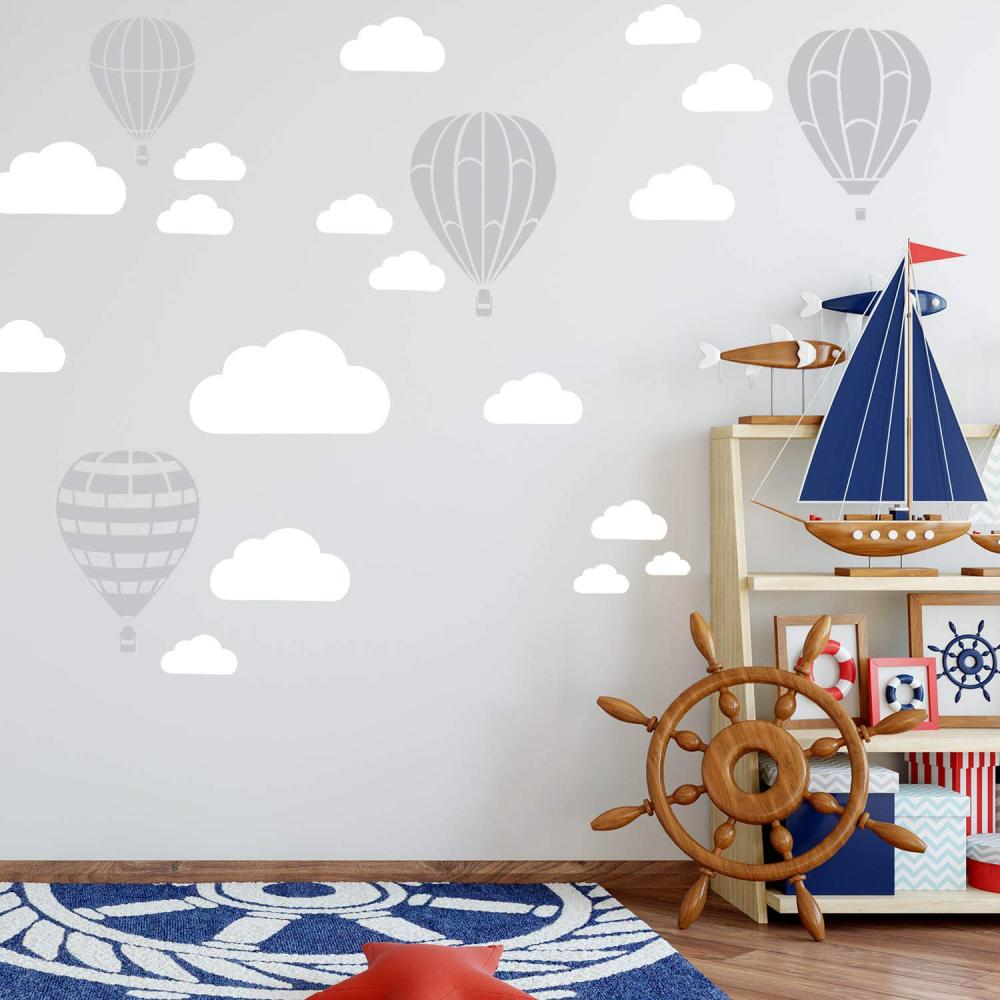 Heißluftballon & Wolken Aufkleber Wandtattoo Himmel | Wandbild 6x DIN A4 Bögen | Sticker Kinder Kinderzimmer Deko Ballons (Hellgrau) Bild 1