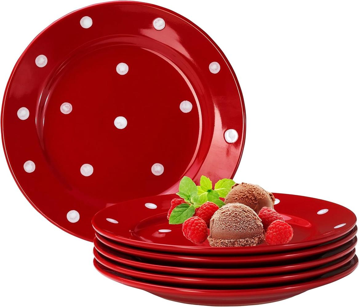 Emily 6er Set Kuchenteller rot-weiß gepunktet rund Ø200mm Steingut Teller rund Dessertteller Bild 1