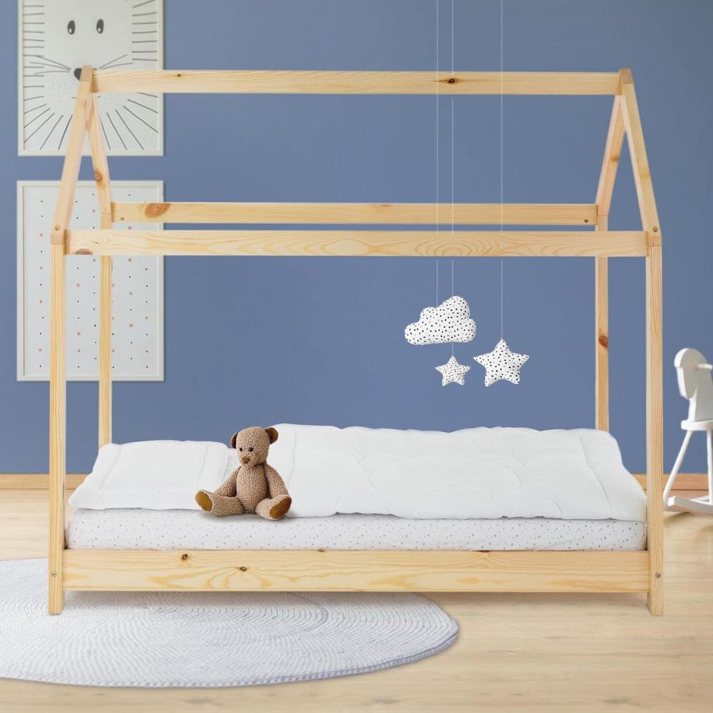 Kinderbett mit Dach und Lattenrost 80x160 cm Natur aus Kiefernholz ML-Design Bild 1
