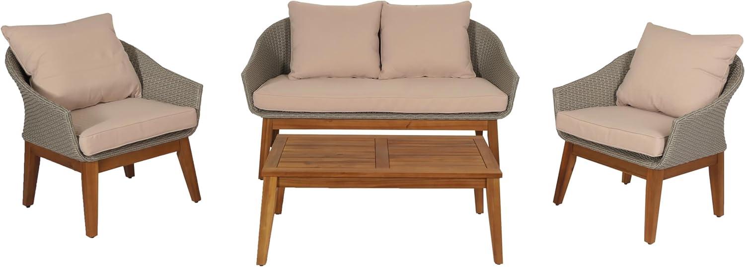 Gartengarnitur HWC-N37, Garten-/Lounge-Set Sofa Sitzgruppe, Poly-Rattan Holz Akazie ~ grau, Kissen beige Bild 1