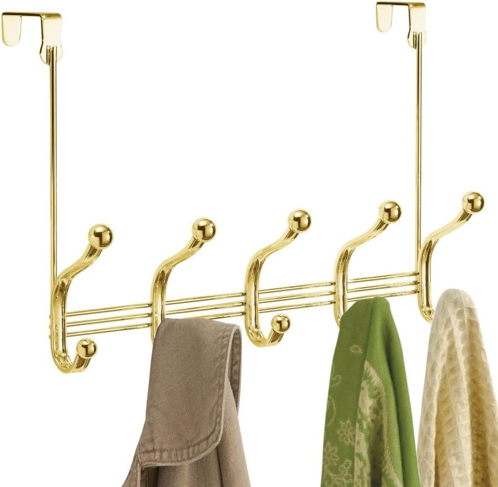 iDesign York Lyra Garderobenleiste mit 5 Doppelhaken, Türgarderobe für Jacken, Schals, Taschen, Handtücher etc. aus Metall, goldfarben Bild 1