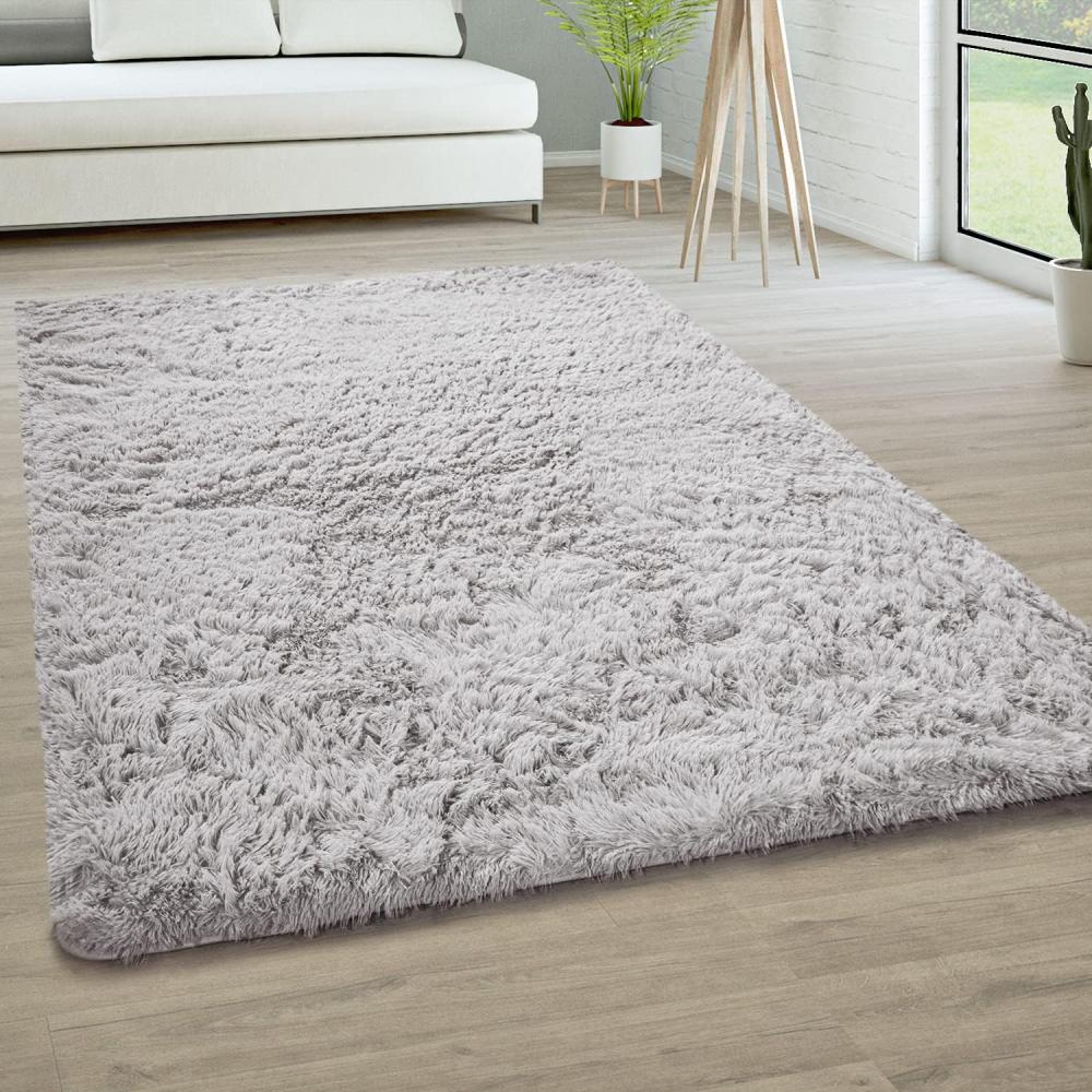 Paco Home Hochflor Teppich Wohnzimmer rutschfest Fellteppich Shaggy Flauschig Weich Modern Kunstfell Fell Imitat Einfarbig, Grösse:120 cm Rund, Farbe:Silber Bild 1