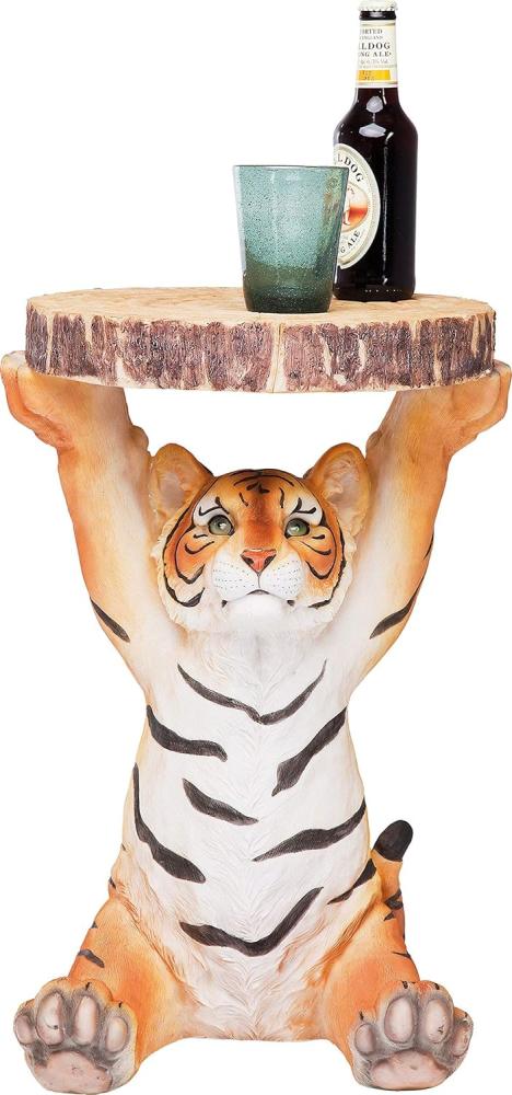 Kare Design Beistelltisch Animal Tiger, Ø35cm, kleiner, runder Couchtisch Holzoptik, Tierfigur als ausgefallener Wohnzimmertisch (H/B/T) 53x37x35cm Bild 1