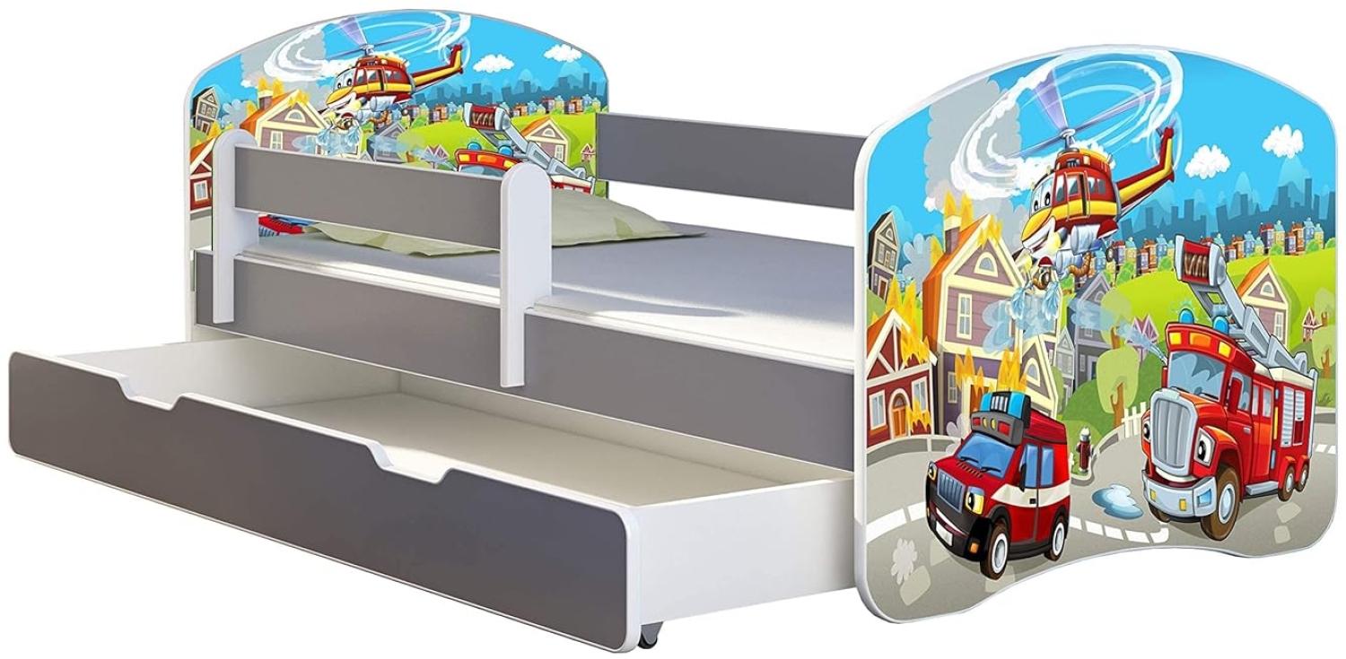 ACMA Kinderbett Jugendbett mit Einer Schublade und Matratze Grau mit Rausfallschutz Lattenrost II (36 Feuerwehr, 180x80 + Bettkasten) Bild 1