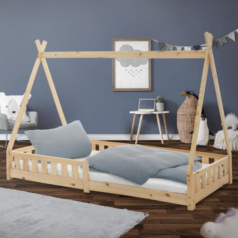 Kinderbett mit Rausfallschutz und Lattenrost 90x200 cm Natur aus Kiefernholz ML-Design Bild 1