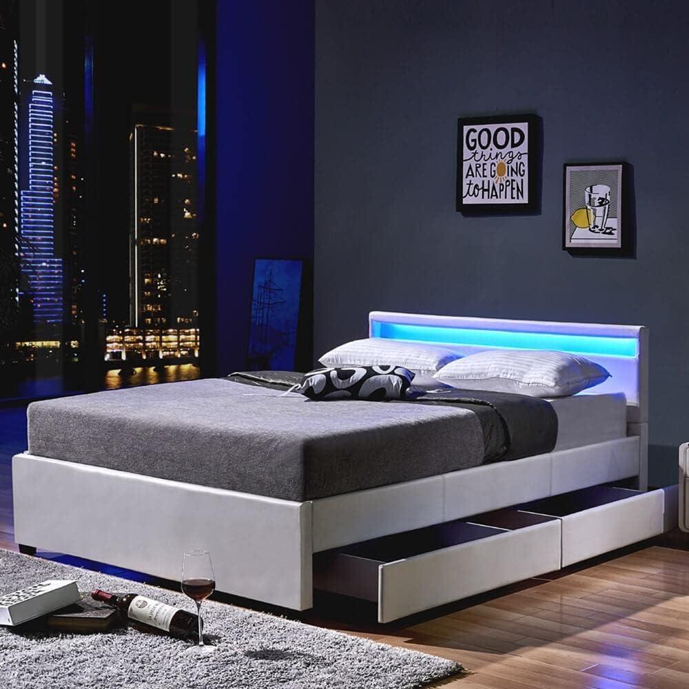 HOME DELUXE - LED Bett NUBE - Weiß, 140 x 200 cm - inkl. Lattenrost und Schubladen I Polsterbett Design Bett inkl. Beleuchtung Bild 1