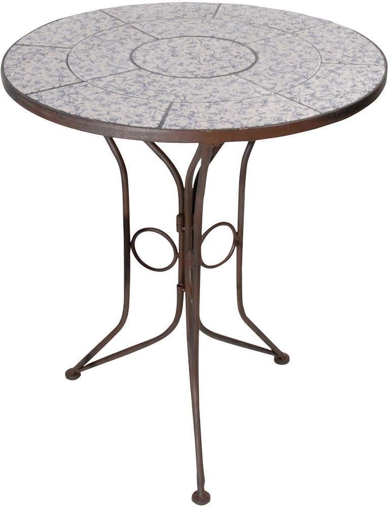 Esschert Design Tisch, Gartentisch, Tischplatte mit Keramik Oberfläche, blau-weiß, Ø 60 cm Bild 1