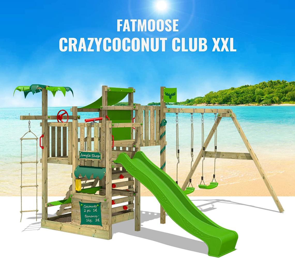 FATMOOSE 'CrazyCoconut Club XXL' Klettergerüst, mit Schaukel & apfelgrüner Rutsche, Gartenspielgerät mit Sandkasten, Leiter & Spiel-Zubehör Bild 1