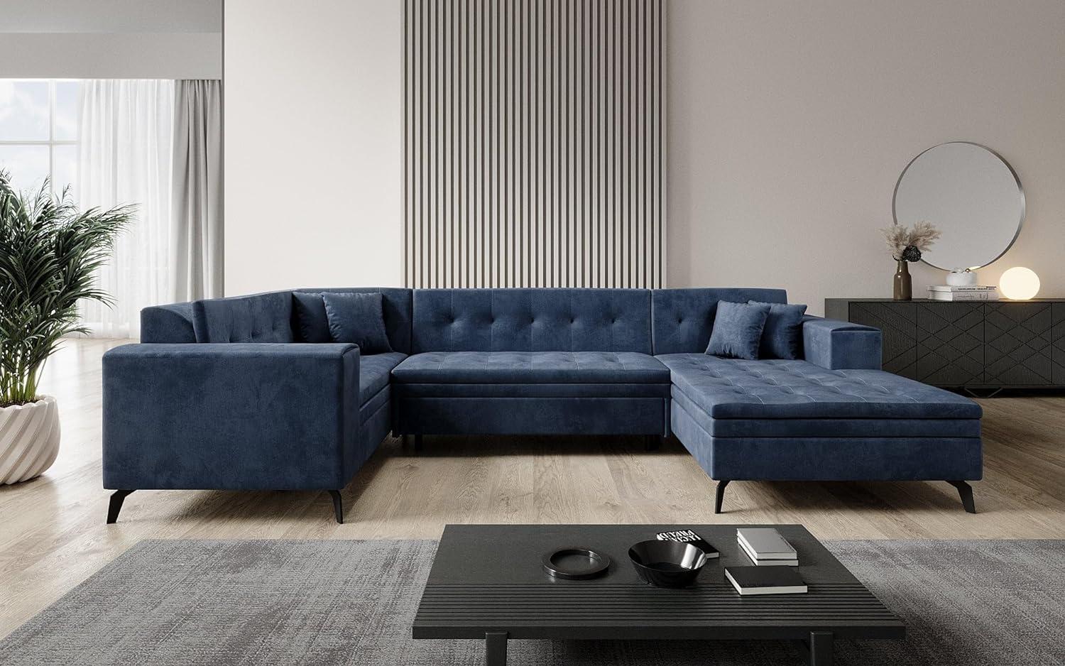 Designer Sofa Neola mit Schlaffunktion Samt Blau Rechts Bild 1