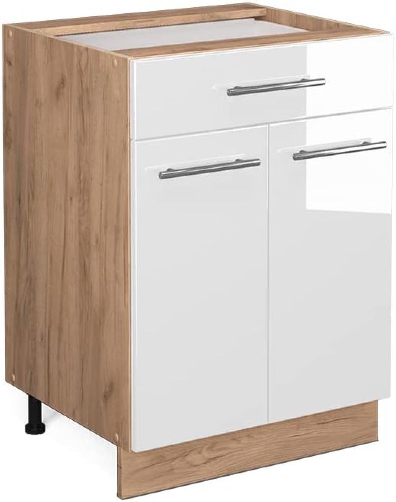 Vicco Küchenschrank Küchenmöbel Fame-Line modern Küche Einbauküche Küchenzeile Blende Unterschrank Hochschrank Hängeschrank Hochglanz (Eiche-Weiß, Schubunterschrank 60 cm) Bild 1