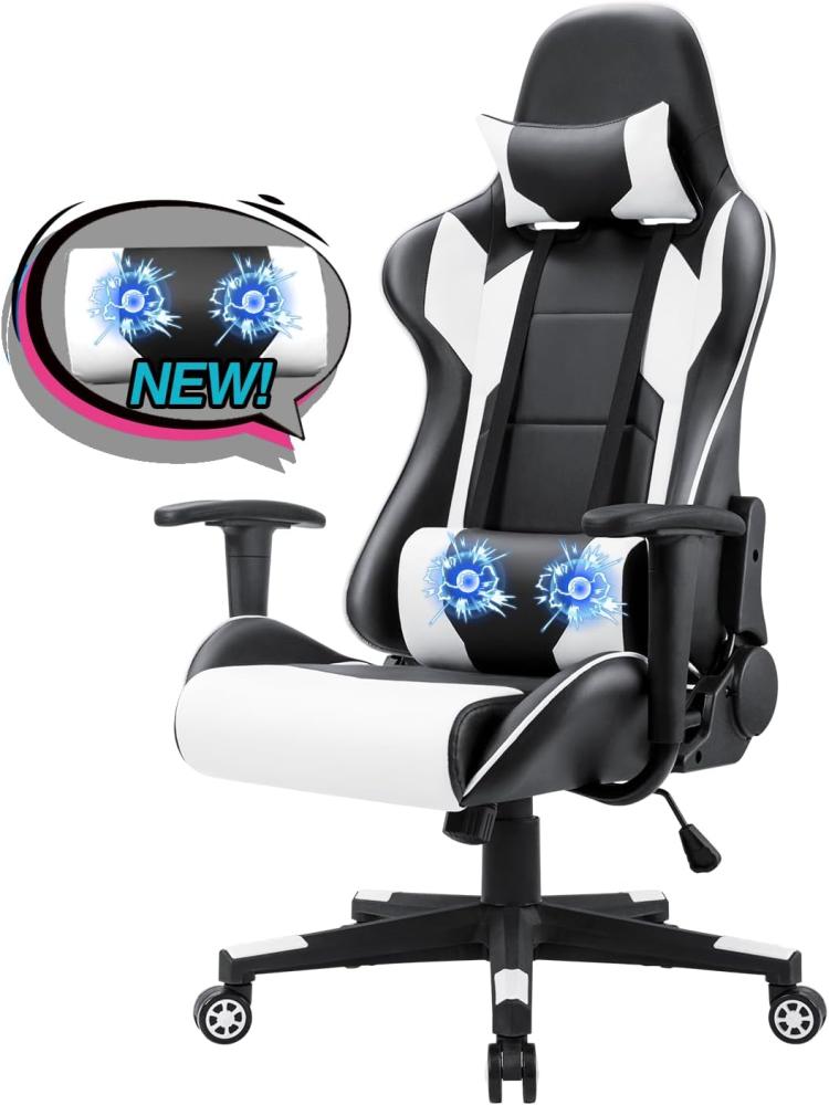 Homall Gaming Stuhl Zocker Computerstuhl, Gamer Ergonomischer Bürostuhl, Hohe Rückenlehne Drehstuhl, PC Stuhl Einstellbarer Neigungswinkel mit Kopfstütze und Lendenkissen (Weiß) Bild 1