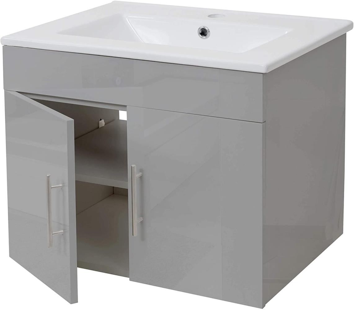 Waschbecken + Unterschrank HWC-D16, Waschbecken Waschtisch, MVG-zertifiziert, hochglanz 60cm ~ grau Bild 1
