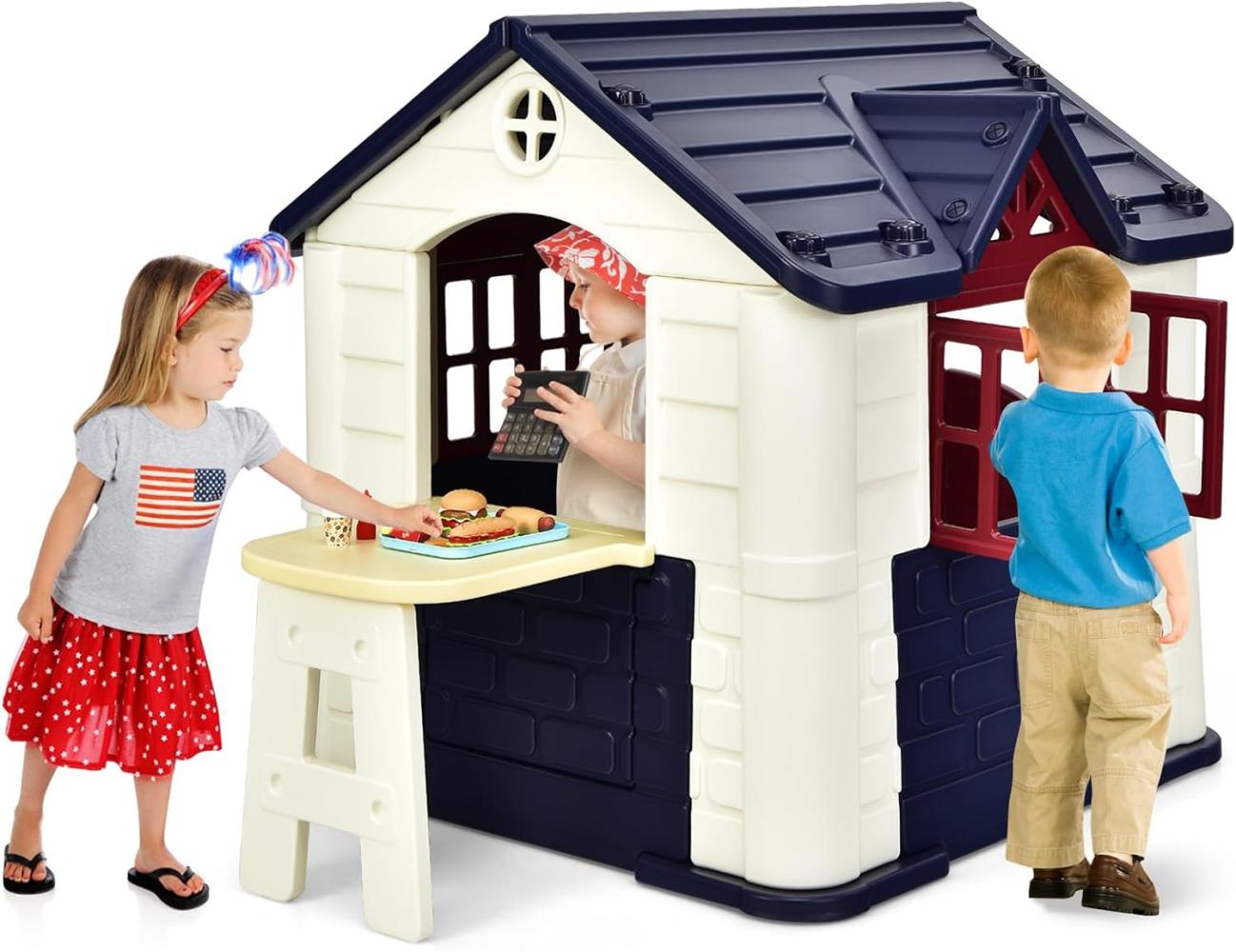COSTWAY 164 x 124 x 132 cm Kinder Spielhaus mit Pickniktisch, Türen und Fenstern, Kinderhäuschen Outdoor inkl. Spielzeugset und Regenschutzhülle, ideal für Jungen und Mädchen (Blau) Bild 1