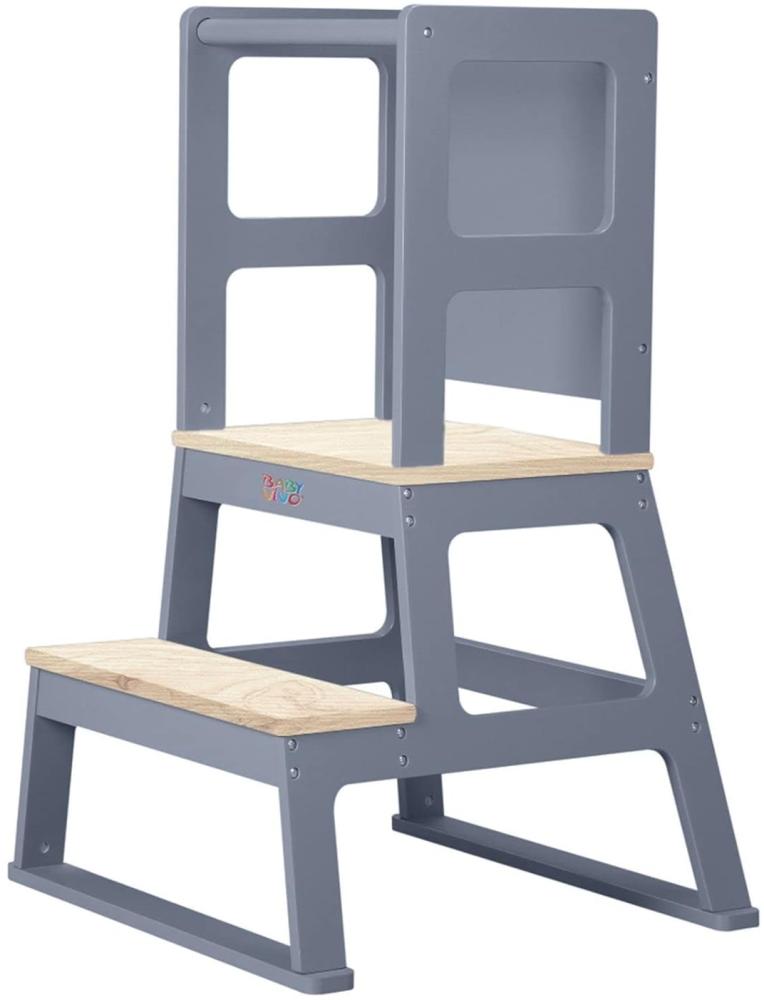 Baby Vivo Lernturm aus Holz - Tower Küche Kindermöbel Learning Tower - Schemel Lerntower für Kinder ab dem Stehalter - Tritthocker mit Tafel Montessori Küchenhelfer Lernstuhl in Grau Bild 1