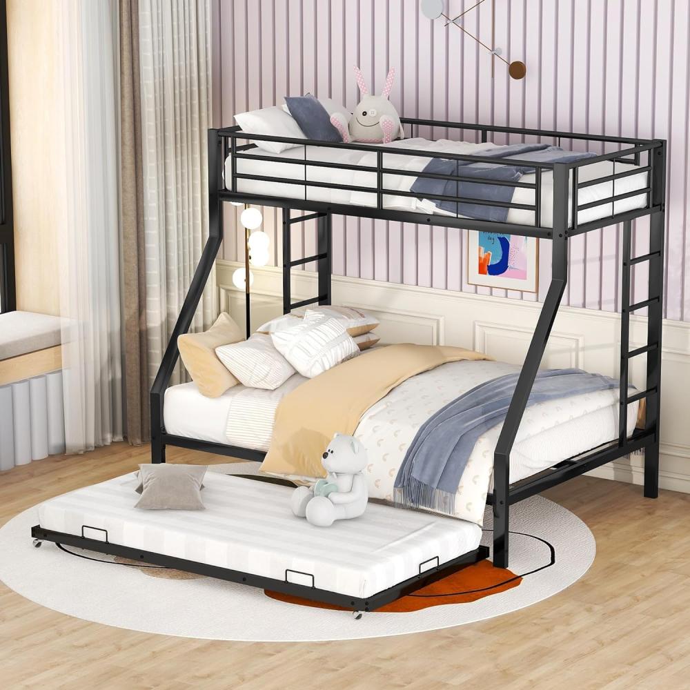 Merax Etagenbett für Erwachsene, Metallbett Hochbett mit ausziehbarem Bett 90x200cm/140x200cm/90x190cm, schwarz Bild 1